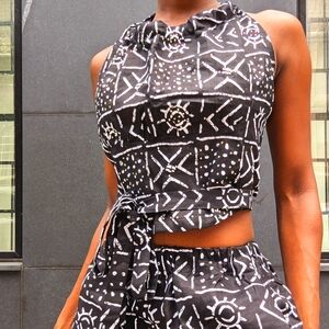 ALAYO Tie-Back Halter Top & Shorts Set in Black with White African Print (S)